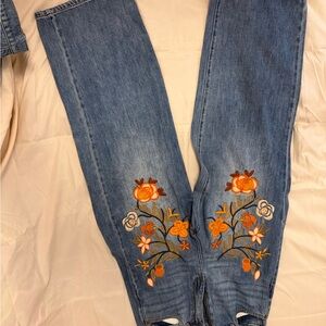 Embroidered Blue Straight-Leg Jeans with Orange Floral Detail
